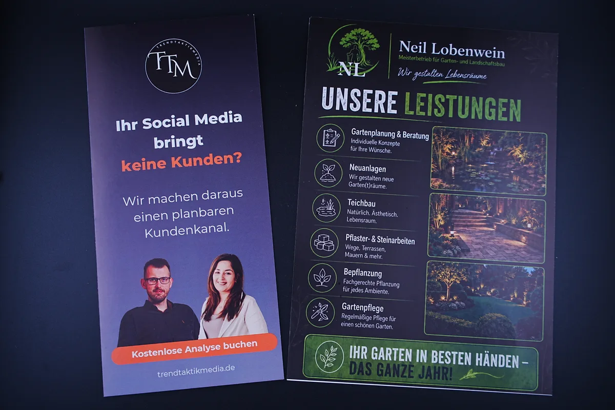 Flyer von TrendTaktikMedia und einem Garten- und Landschaftsbaubetrieb